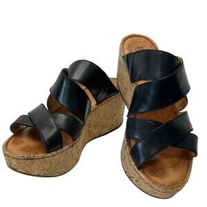 Born Kapiti Black Leather Cork Wedge Slip On Sandals #B81903 Women's Size 6